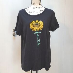 Women's Novelty Top Black Sunflower Short Sleeve Logo FAITH Sz.XXL